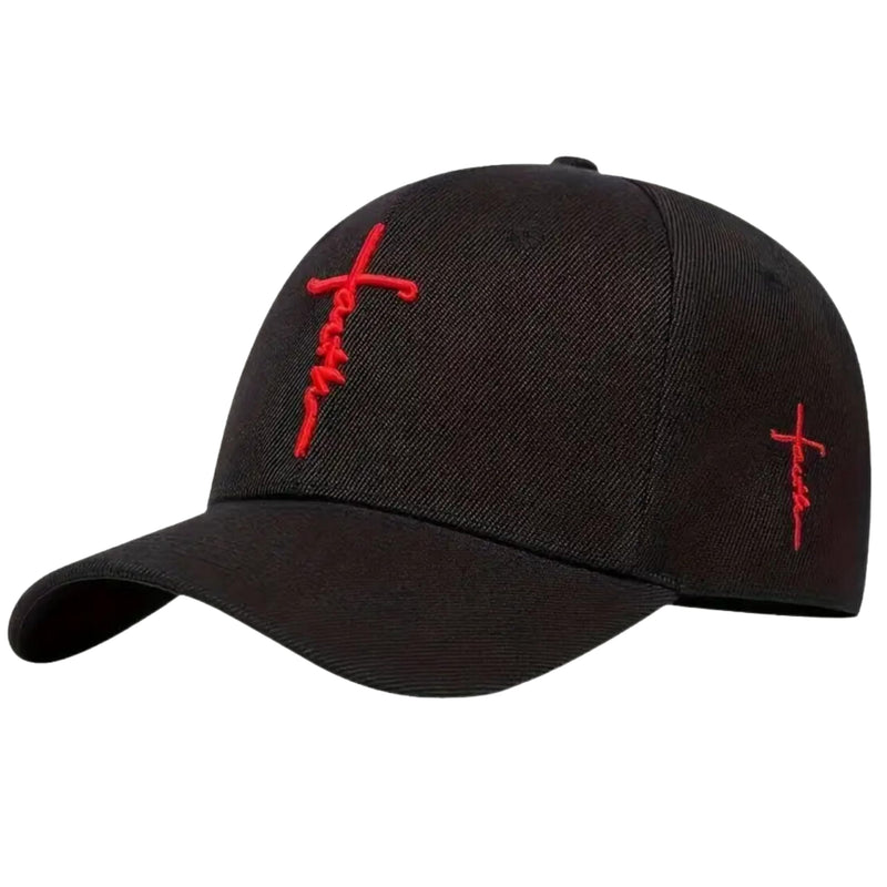Christian Faith Hat - Faith Cross - Proudly Display Your Love and Devotion for Jesus - Comfortable - Adjustable (Black/Red)