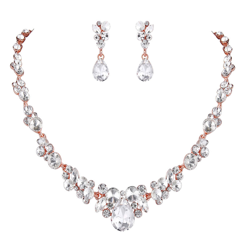 EVER FAITH Rhinestone Crystal Bridal Floral Teardrop Necklace Earrings Set Clear Rose Gold-Tone