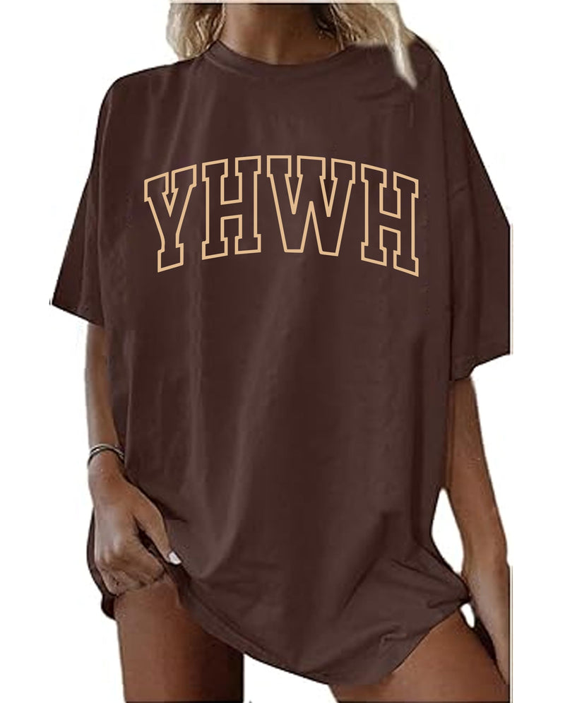 Christian Shirts for Women Oversized YHWH Graphic Shirt Jesus Faith Inspirational Casual Tee Tops Brown