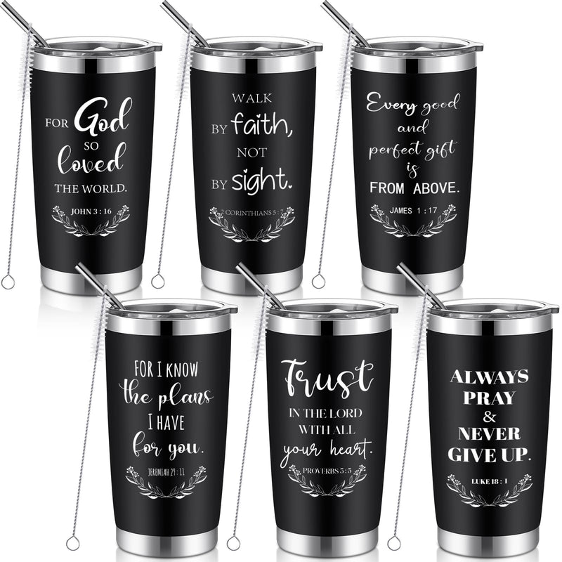FillTouch 6 Pcs Christian Gifts Bible Verse Tumbler Bulk 20 oz Stainless Steel Inspirational Religious Coffee Cups Jesus Scripture Travel Mug for Men Women Church Faith Belief Gifts (Black)