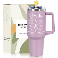 Christian Gifts for Women 40oz Tumbler with Handle Straw Silicone Straw Cover - Best Birthday Inspirational Religious Faith Based Catholic Gifts for Friends Mom Grandma Thank You Coworker(Purple)