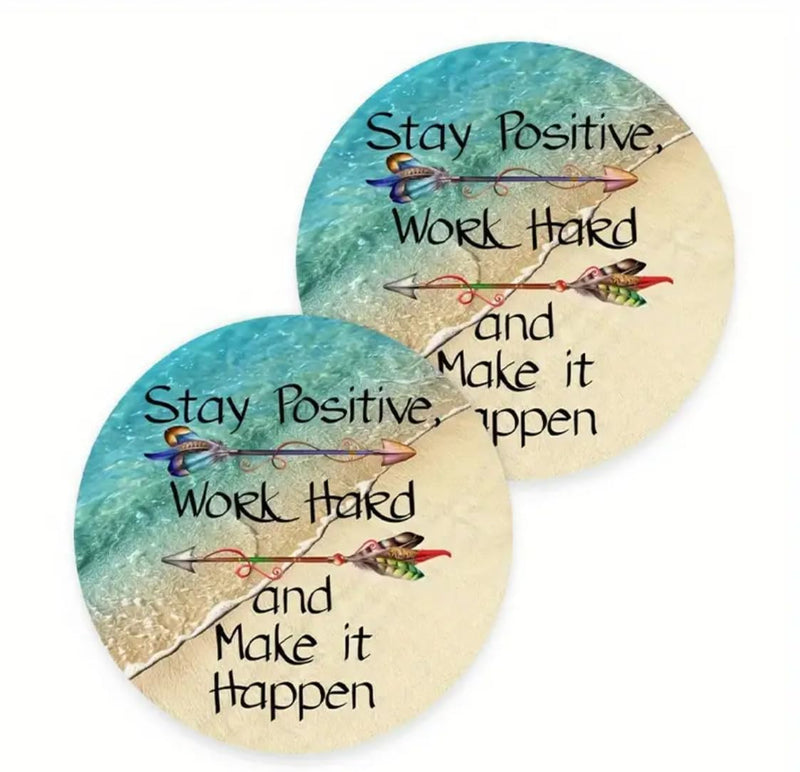 Christian Car Coasters with Bible Verse Universal Fit 2pk Faith Inspirational Absorbent and Easy to Clean (Stay Positive)