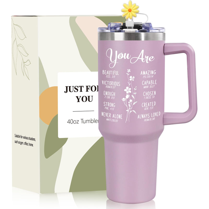 Christian Gifts for Women 40oz Tumbler with Handle Straw Silicone Straw Cover - Best Birthday Inspirational Religious Faith Based Catholic Gifts for Friends Mom Grandma Thank You Coworker(Purple)