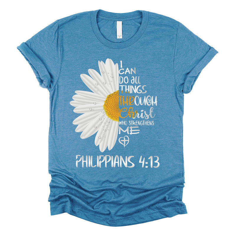 Love in Faith | I Can Do All Things Daisy Short Sleeve | Christian T-Shirts for Women | Faith-Based Apparel | Christian Gifts (US Alpha Small Regular Regular Heather Deep Teal)