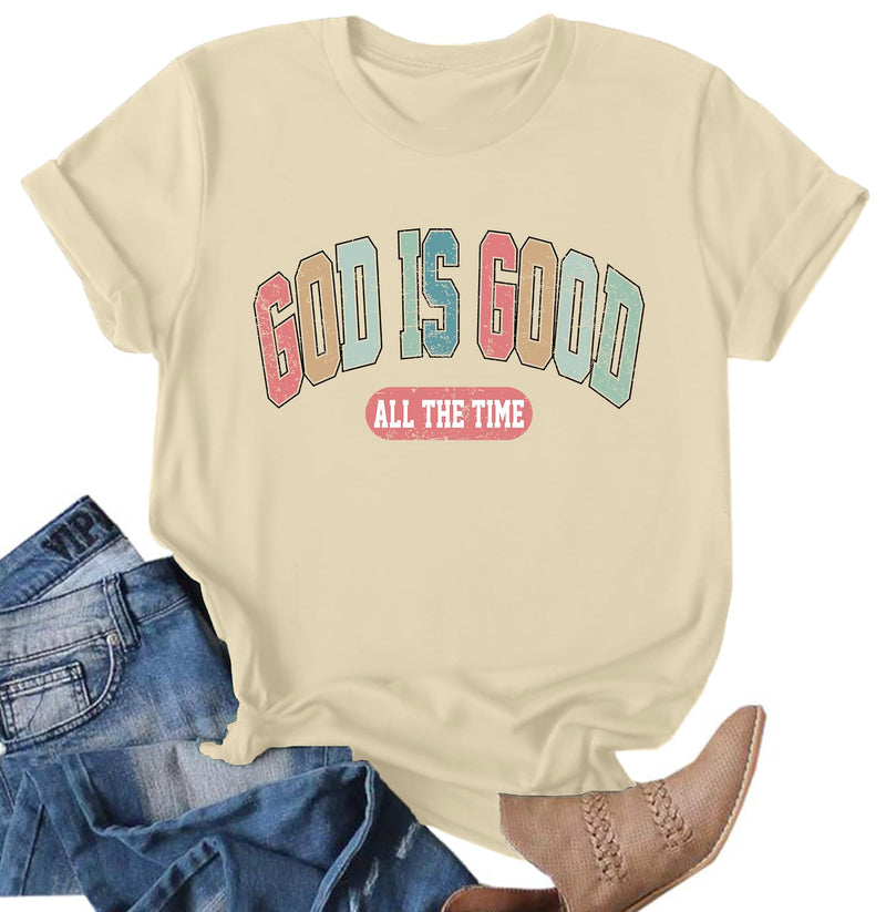 Ithalt Christian Shirts for Women: God is Good All The Time T Shirts Faith Letter Print Tee Shirts(Beige2 Large)