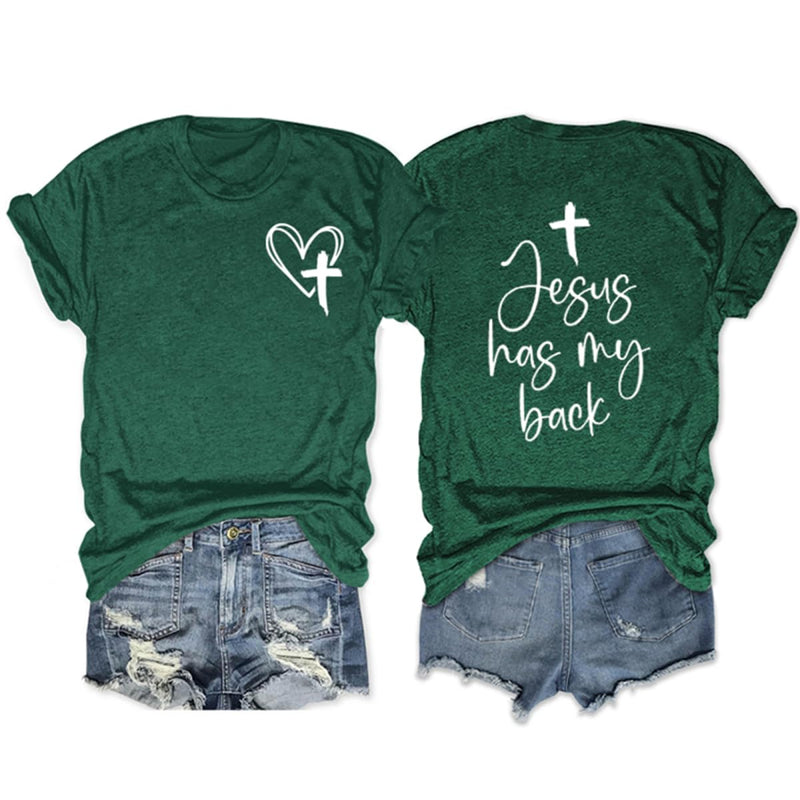 Christian T Shirts for Women Jesus Has My Back Graphic Tees Religious Faith Inspirational Tshirts Casual Tops Vintage Green