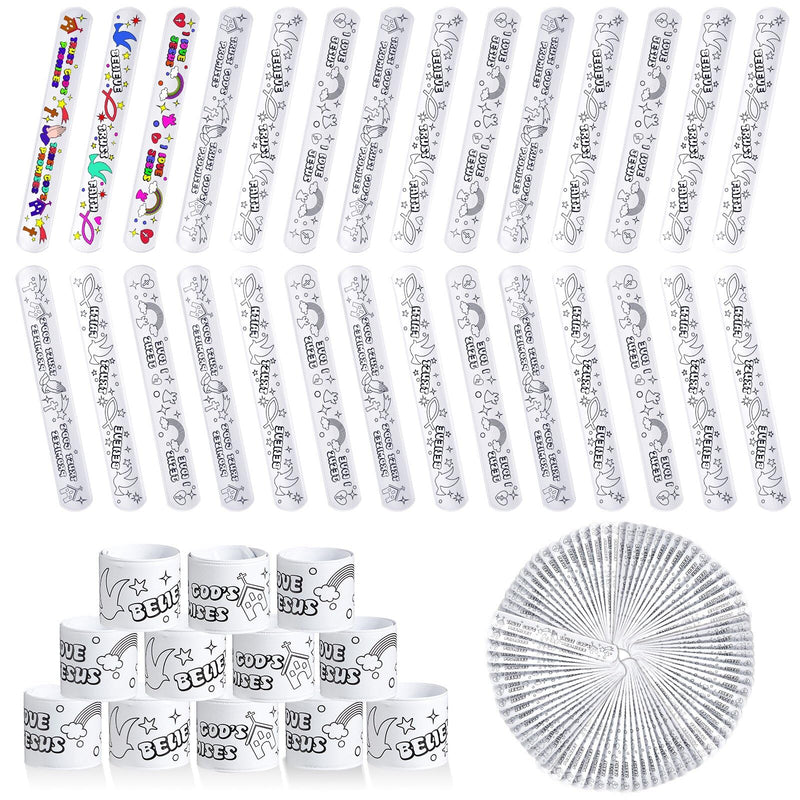 Color Your Own Faith Slap Bracelets Jesus Bracelets for Easter Kids Christian Religious Craft Blank Slap Bands with Religious Sayings for Sunday School Crafts Coloring DIY Gifts 3 Styles(300 Pcs)